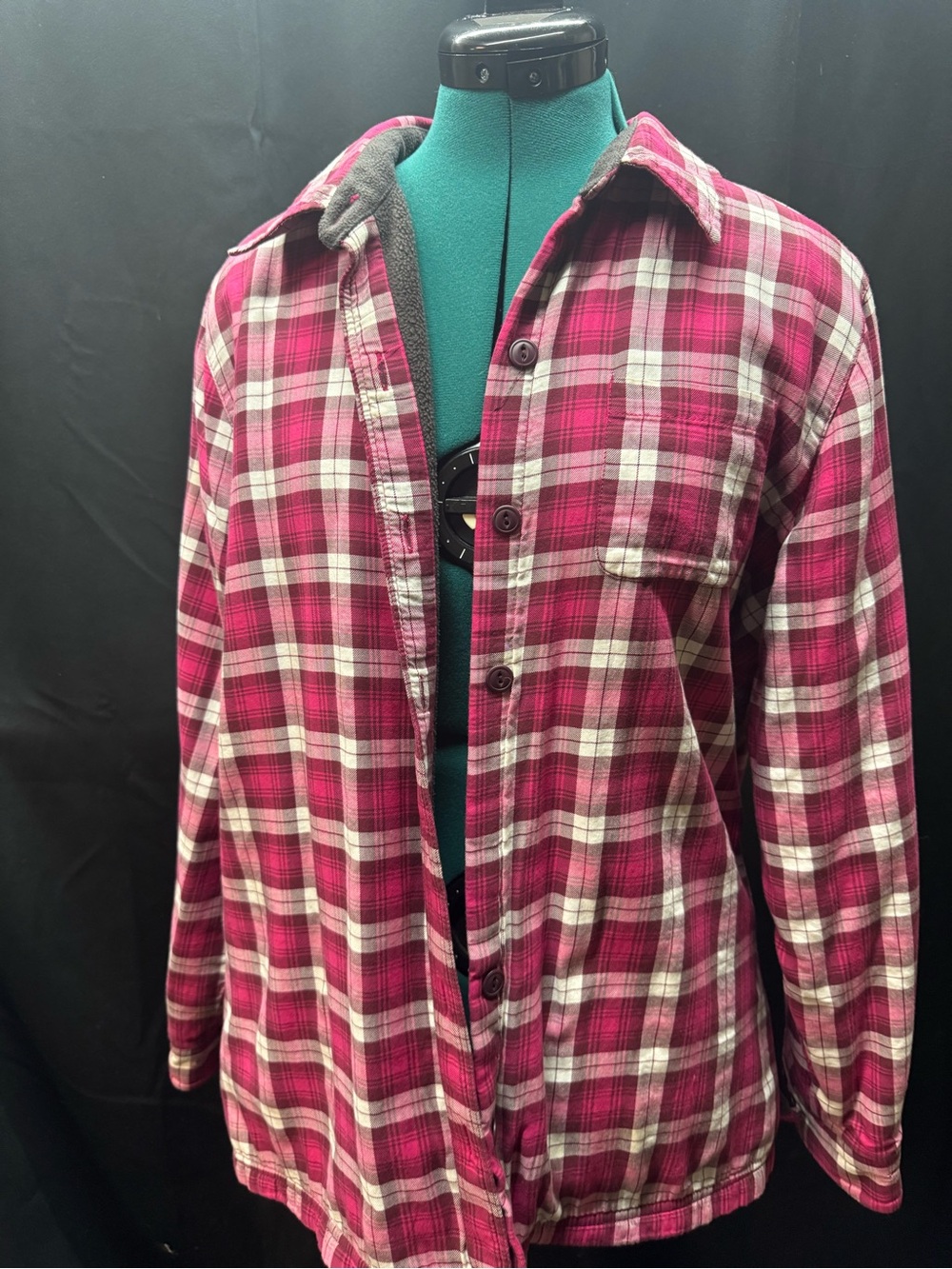 Women's Pink Plaid Button-Front Shirt Jacket lined